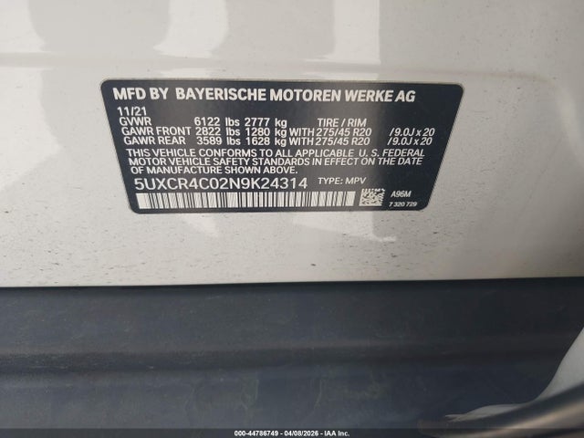 44786749 :رقم المزاد ، 5UXCR4C02N9K24314 vin ، 2022 Bmw X5 Sdrive40i مزاد بيع