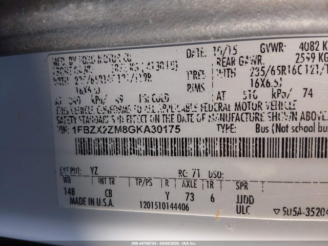1FBZX2ZM8GKA30175 Ford Transit-350 Xlt