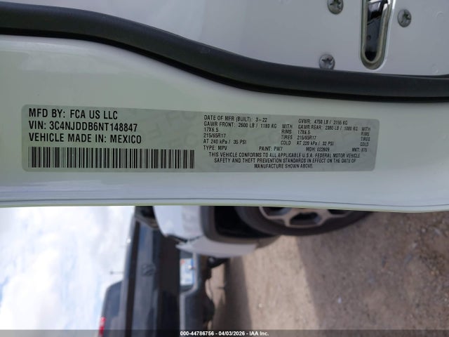 44786756 :رقم المزاد ، 3C4NJDDB6NT148847 vin ، 2022 Jeep Compass Trailhawk 4x4 مزاد بيع