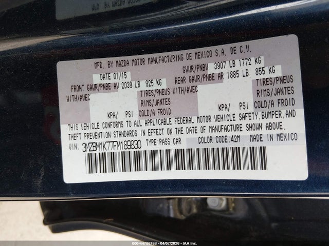 Aukcja sprzedaży 2015 Mazda Mazda3 I Sport, vin: 3MZBM1K77FM189830, numer aukcji: 44786768