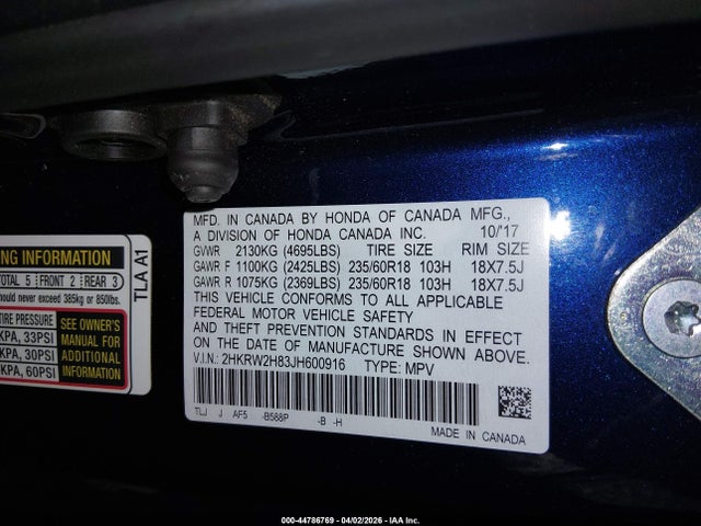 2HKRW2H83JH600916 Honda Cr-v Ex-l/ex-l Navi