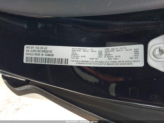 44786793 :رقم المزاد ، 2C4RC1BG1SR532137 vin ، 2025 Chrysler Pacifica Select مزاد بيع