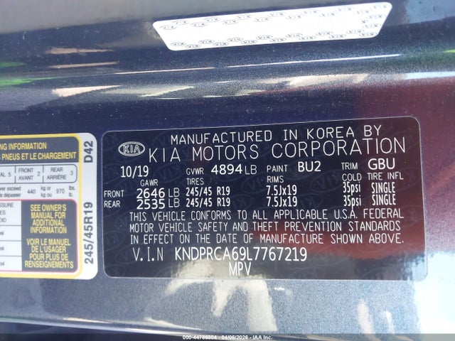 44786804 :رقم المزاد ، KNDPRCA69L7767219 vin ، 2020 Kia Sportage Sx Turbo مزاد بيع