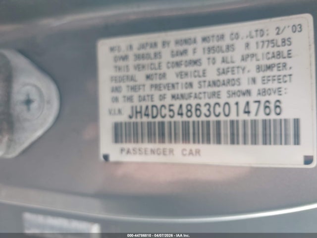 Aukcja sprzedaży 2003 Acura Rsx, vin: JH4DC54863C014766, numer aukcji: 44786810