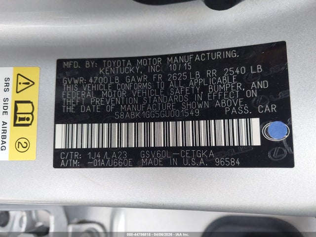 Продаж на аукціоні авто 2016 Lexus Es 350, vin: 58ABK1GG5GU001549, номер лоту: 44786818