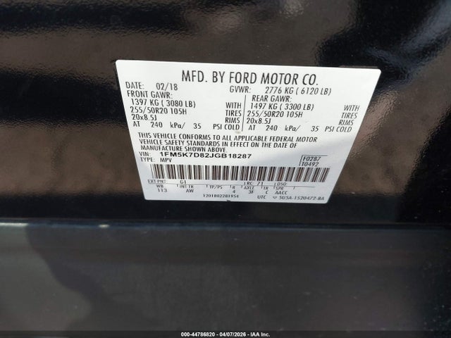 1FM5K7D82JGB18287 Ford EXPLORER XLT