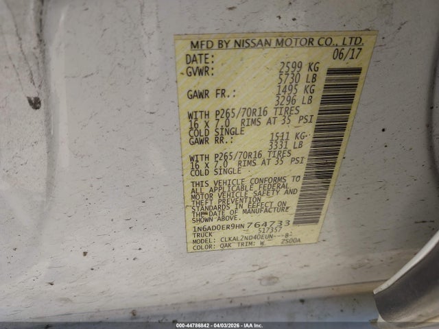 1N6AD0ER9HN764733 Nissan Frontier Sv