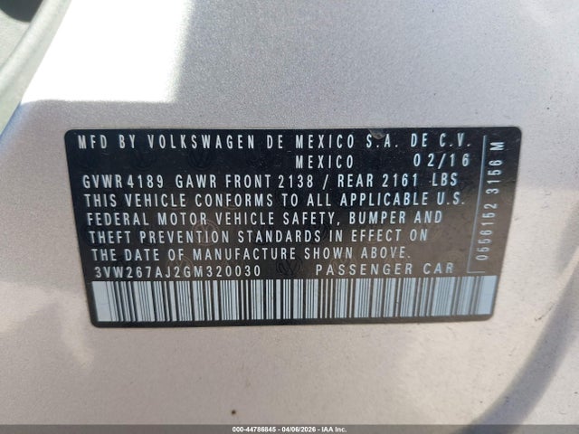 Продажа на аукционе авто 2016 Volkswagen Jetta 1.4t S, vin: 3VW267AJ2GM320030, номер лота: 44786845