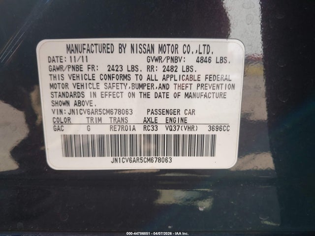 44786851 :رقم المزاد ، JN1CV6AR5CM678063 vin ، 2012 Infiniti G37x مزاد بيع