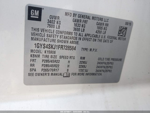 Aukcja sprzedaży 2015 Cadillac Escalade Esv Luxury, vin: 1GYS4SKJ1FR728584, numer aukcji: 44786871