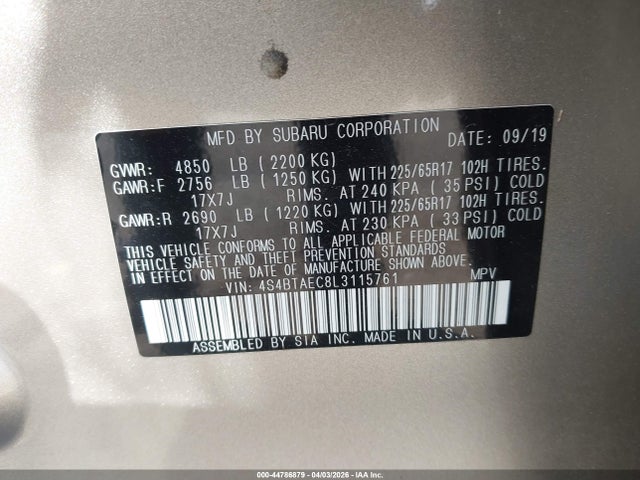 Продажа на аукционе авто 2020 Subaru Outback Premium, vin: 4S4BTAEC8L3115761, номер лота: 44786879