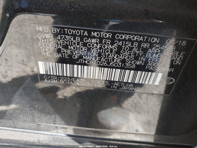 Aukcja sprzedaży 2018 Lexus Is 300, vin: JTHC81D26J5031358, numer aukcji: 44786887