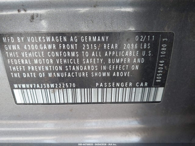 44786925 :رقم المزاد ، WVWHV7AJ3BW222570 vin ، 2011 Volkswagen Gti 4-door Autobahn مزاد بيع