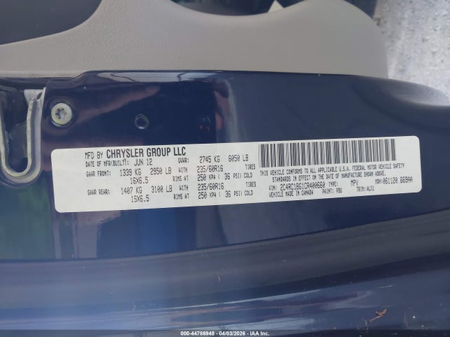 44786948 :رقم المزاد ، 2C4RC1BG1CR400660 vin ، 2012 Chrysler Town & Country Touring مزاد بيع
