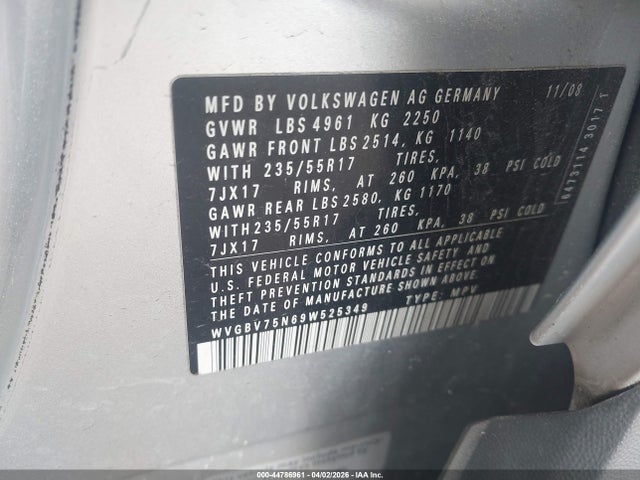 2009 Volkswagen Tiguan Se მანქანა იყიდება აუქციონზე, vin: WVGBV75N69W525349, აუქციონის ნომერი: 44786961