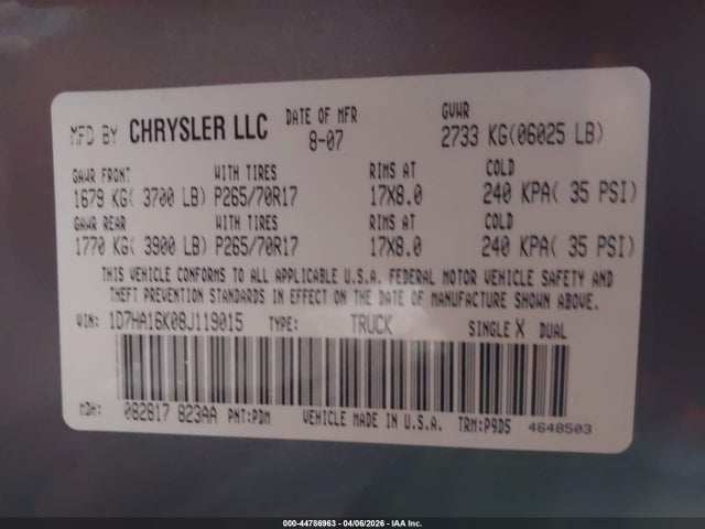 Aukcja sprzedaży 2008 Dodge Ram 1500 St/sxt, vin: 1D7HA16K08J119015, numer aukcji: 44786963