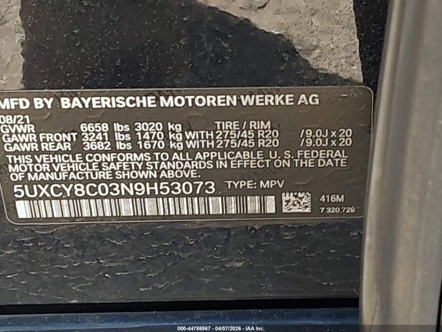 2022 Bmw X6 M50i მანქანა იყიდება აუქციონზე, vin: 5UXCY8C03N9H53073, აუქციონის ნომერი: 44786967