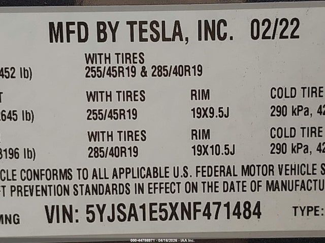 Aukcja sprzedaży 2022 Tesla Model S Dual Motor All-wheel Drive, vin: 5YJSA1E5XNF471484, numer aukcji: 44786971