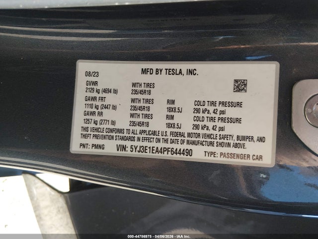 Продажа на аукционе авто 2023 Tesla Model 3 Rear-wheel Drive, vin: 5YJ3E1EA4PF644490, номер лота: 44786975