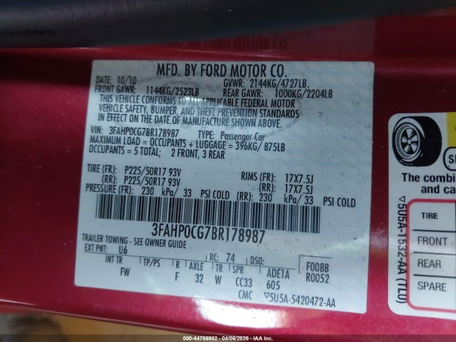 2011 Ford Fusion Sel მანქანა იყიდება აუქციონზე, vin: 3FAHP0CG7BR178987, აუქციონის ნომერი: 44786982