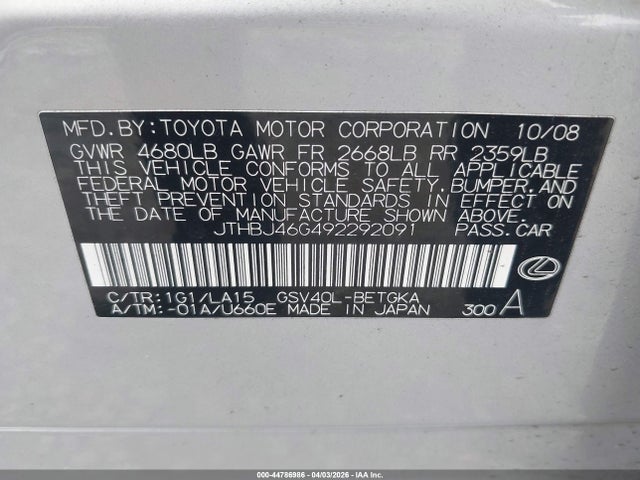 Aukcja sprzedaży 2009 Lexus Es 350, vin: JTHBJ46G492292091, numer aukcji: 44786986