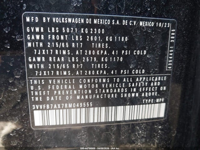 Aukcja sprzedaży 2024 Volkswagen Tiguan 2.0t S, vin: 3VVFB7AX7RM049555, numer aukcji: 44786989