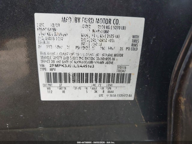 Aukcja sprzedaży 2020 Ford Edge Sel, vin: 2FMPK3J91LBA45163, numer aukcji: 44786995