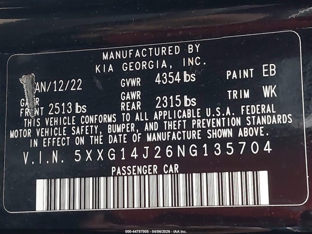 5XXG14J26NG135704 KIA K5 LXS