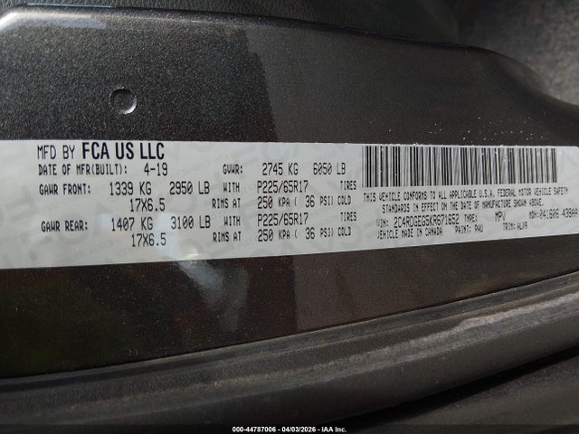 2019 Dodge Grand Caravan Gt მანქანა იყიდება აუქციონზე, vin: 2C4RDGEG5KR671652, აუქციონის ნომერი: 44787006