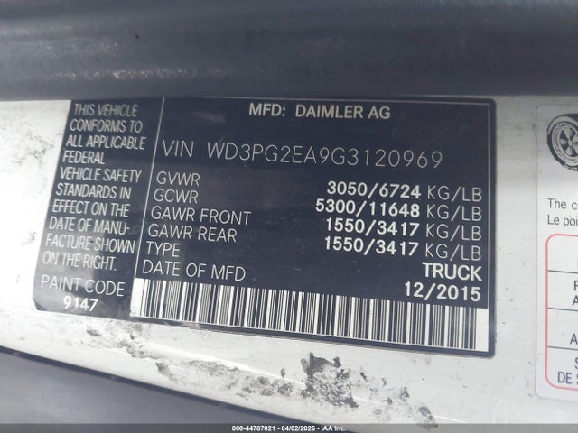 2016 Mercedes-benz Metris მანქანა იყიდება აუქციონზე, vin: WD3PG2EA9G3120969, აუქციონის ნომერი: 44787021
