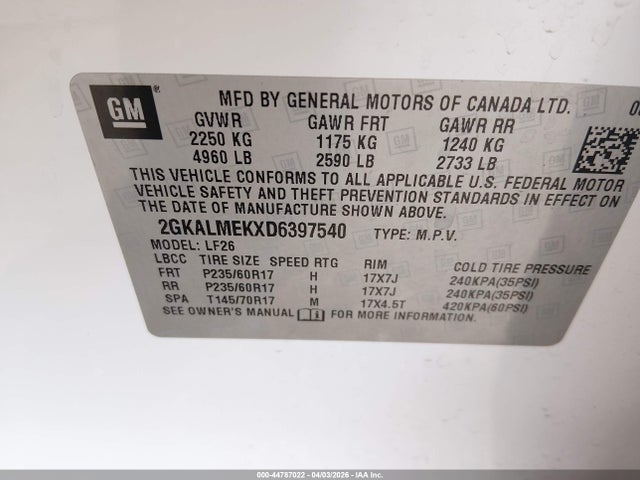 44787022 :رقم المزاد ، 2GKALMEKXD6397540 vin ، 2013 Gmc Terrain Sle-1 مزاد بيع