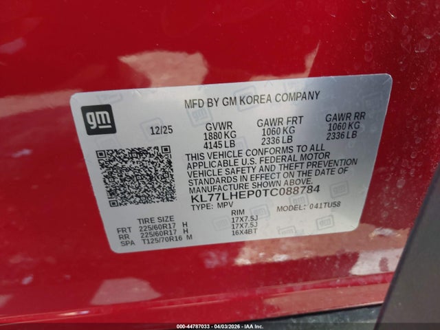 Продажа на аукционе авто 2026 Chevrolet Trax Fwd Lt, vin: KL77LHEP0TC088784, номер лота: 44787033