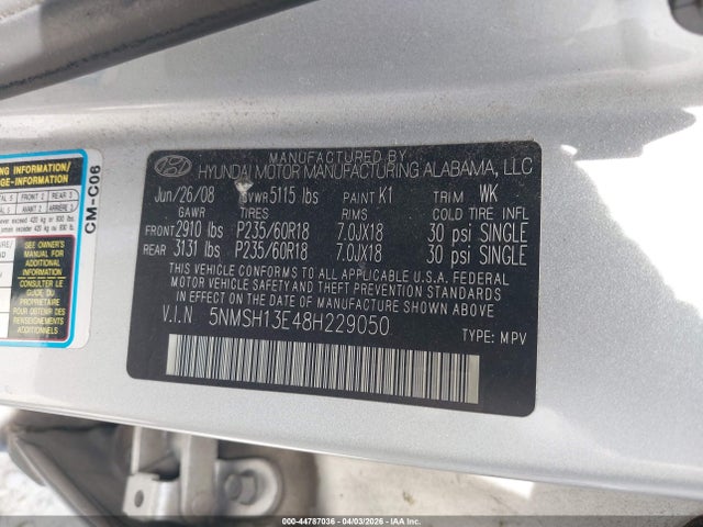 Aukcja sprzedaży 2008 Hyundai Santa Fe Limited/se, vin: 5NMSH13E48H229050, numer aukcji: 44787036