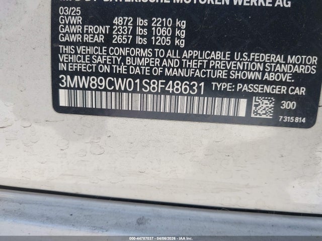 Aukcja sprzedaży 2025 Bmw 330i Xdrive, vin: 3MW89CW01S8F48631, numer aukcji: 44787037