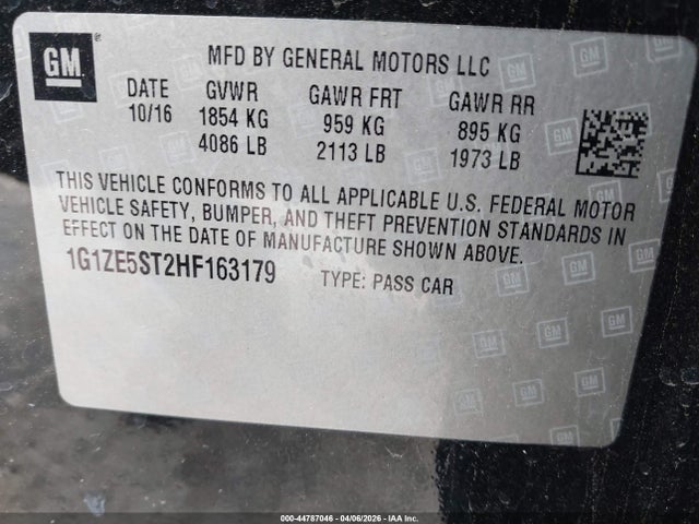 44787046 :رقم المزاد ، 1G1ZE5ST2HF163179 vin ، 2017 Chevrolet Malibu 1lt مزاد بيع