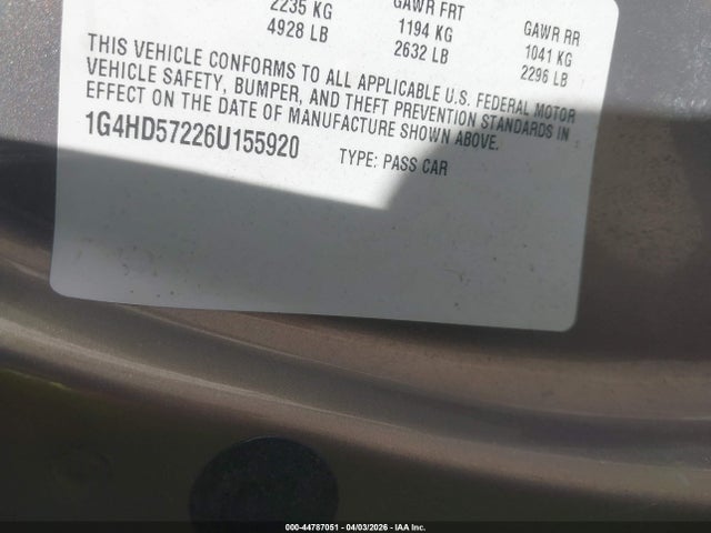 44787051 :رقم المزاد ، 1G4HD57226U155920 vin ، 2006 Buick Lucerne Cxl مزاد بيع