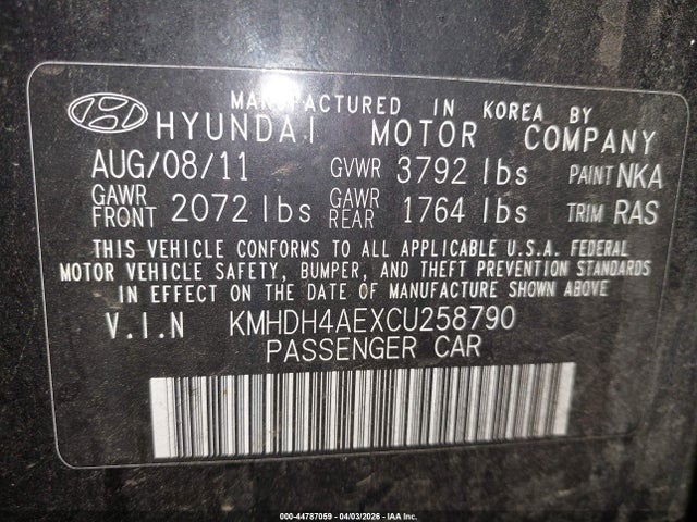 Продажа на аукционе авто 2012 Hyundai Elantra Gls (ulsan Plant), vin: KMHDH4AEXCU258790, номер лота: 44787059