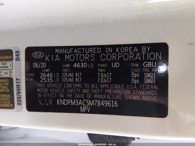 44787066 :رقم المزاد ، KNDPM3AC5M7849616 vin ، 2021 Kia Sportage Lx مزاد بيع