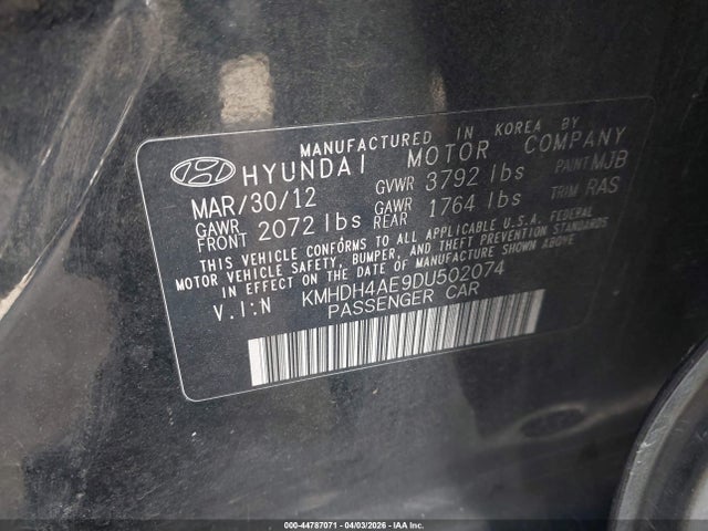 Aukcja sprzedaży 2013 Hyundai Elantra Gls/limited, vin: KMHDH4AE9DU502074, numer aukcji: 44787071