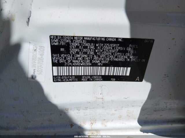 44787088 :رقم المزاد ، 2T3YL4DV6EW002894 vin ، 2014 Toyota Rav4 Ev مزاد بيع