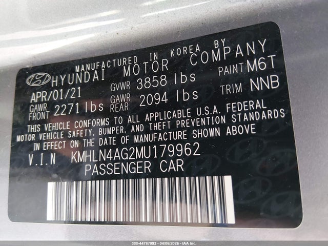 KMHLN4AG2MU179962 Hyundai ELANTRA SEL