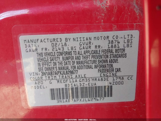 Aukcja sprzedaży 2018 Nissan Sentra Sv, vin: 3N1AB7APXJL629677, numer aukcji: 44787098