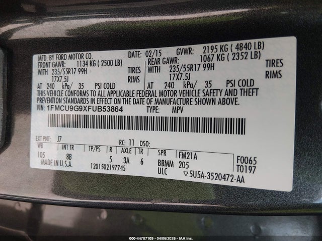Aukcja sprzedaży 2015 Ford Escape Se, vin: 1FMCU9G9XFUB53864, numer aukcji: 44787109
