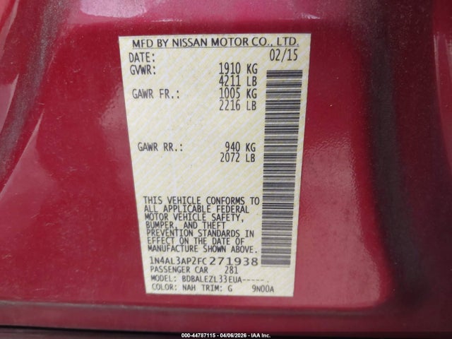Aukcja sprzedaży 2015 Nissan Altima 2.5/2.5 S/2.5 Sl/2.5 Sv, vin: 1N4AL3AP2FC271938, numer aukcji: 44787115