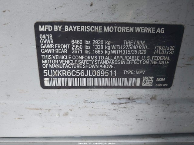 Aukcja sprzedaży 2018 Bmw X5 Xdrive50i, vin: 5UXKR6C56JL069511, numer aukcji: 44787131