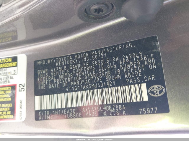 Aukcja sprzedaży 2021 Toyota Camry Se, vin: 4T1G11AK5MU594421, numer aukcji: 44787151