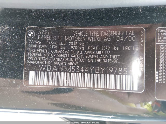 Продажа на аукционе авто 2000 Bmw 528i, vin: WBADM5344YBY19785, номер лота: 44787170