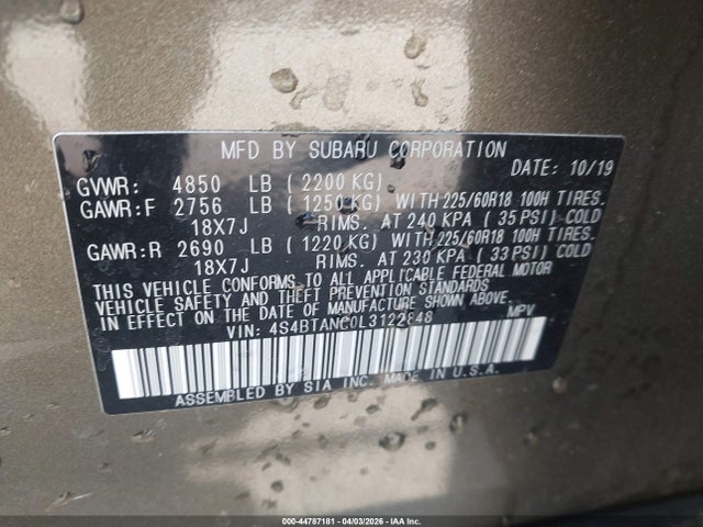 2020 Subaru Outback Limited მანქანა იყიდება აუქციონზე, vin: 4S4BTANC0L3122848, აუქციონის ნომერი: 44787181