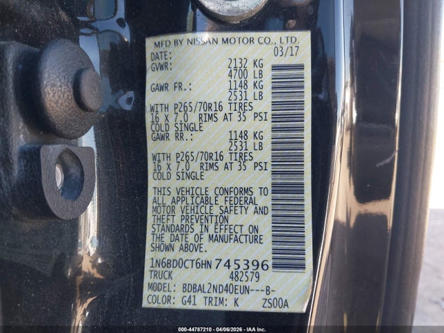 Aukcja sprzedaży 2017 Nissan Frontier Sv-i4, vin: 1N6BD0CT6HN745396, numer aukcji: 44787210