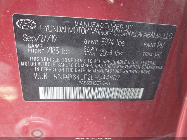 Aukcja sprzedaży 2020 Hyundai Elantra Sel, vin: 5NPD84LF2LH544802, numer aukcji: 44787241